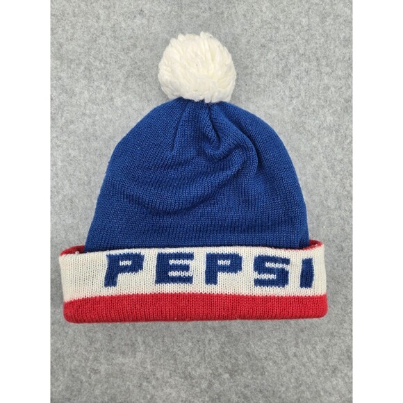 Vintage Cubs Pepsi Knitted Red Blue Winter Ski Cap Hat Advertising Pompom - Picture 2 of 6